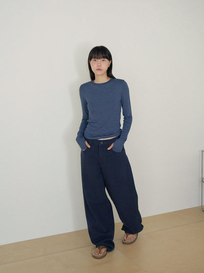 Rib Stripe Long Sleeve - Navy 6