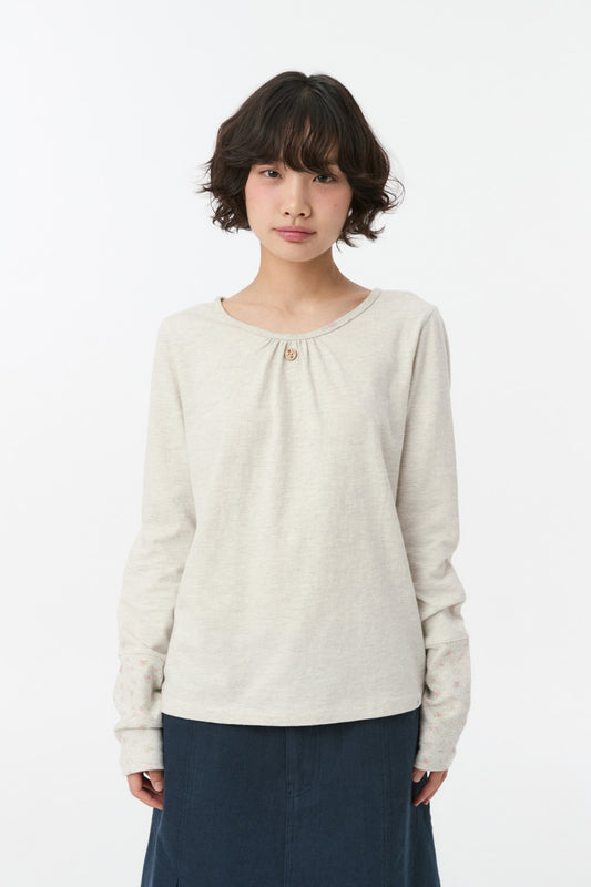 [9/16 予約配送] SHIRRING COLOR BLOCK LONG SLEEVE, FLORAL OATMEAL