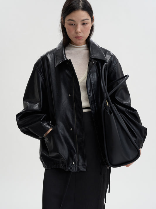 [MAGJAY] Soft Faux-Leather Blouson Jacket-BLACK