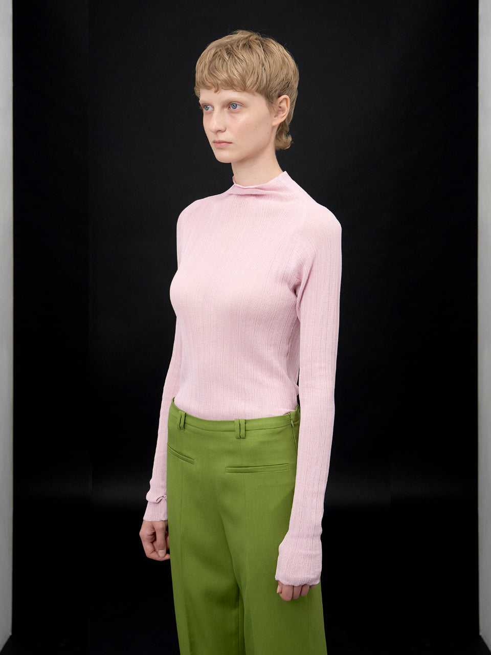 【ARIK. アリク AW】MINCHIR lettuce edge high neck knit top Milky Pink