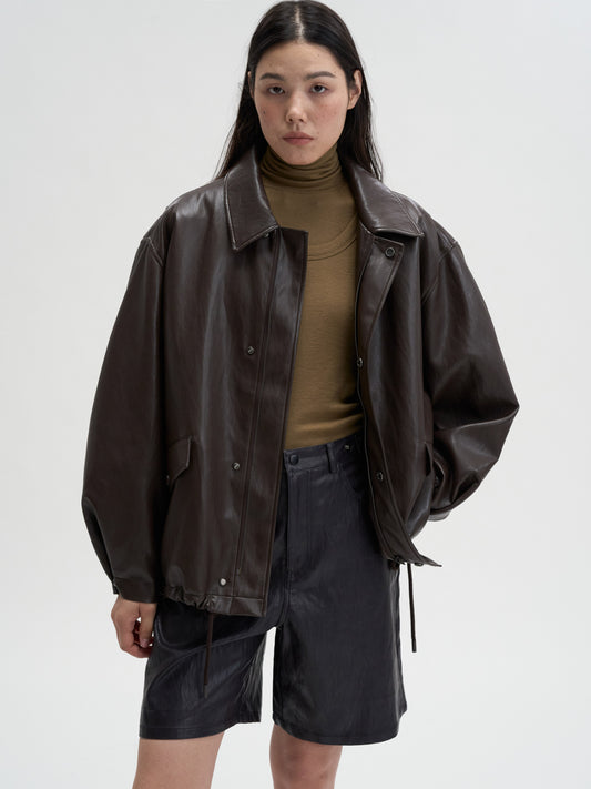 [MAGJAY]Soft Faux-Leather Blouson Jacket-BROWN