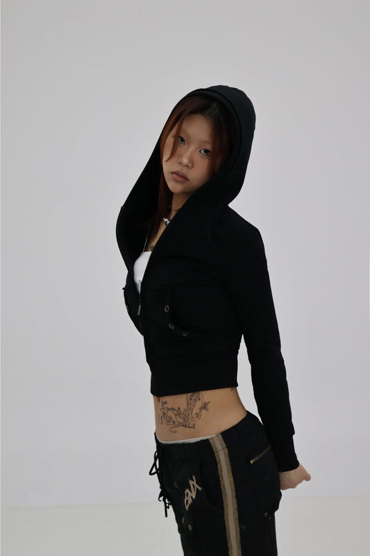 VINTAGE EYELET HOODED ZIP-UP -BLACK