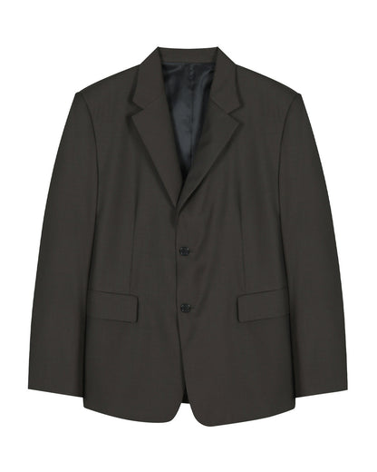 Leather Reveal Sleeve Wool Blazer_Khaki Brown