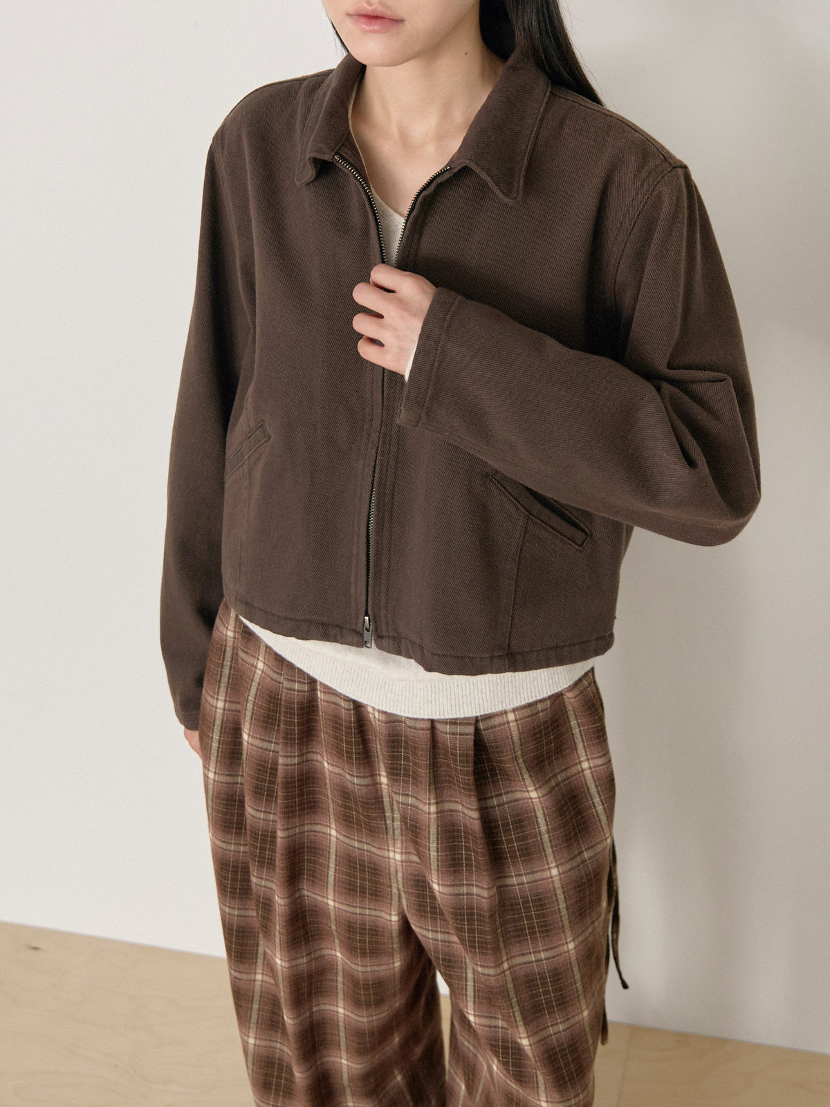 Cotton Twill Crop Jacket - Brown 2