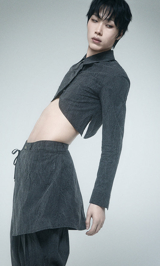 【Reculer レキュリー】Wrinkle R-crop shirts Charcoal