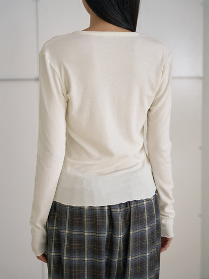 Wave V-neck Rib Cardigan - Cream 11