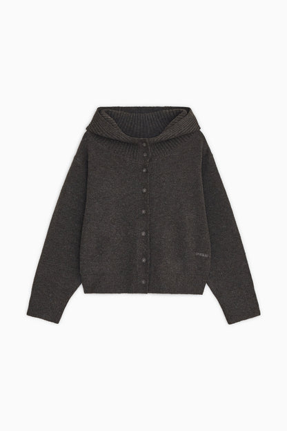 CROPPED HOODED HIGH NECK CARDIGAN, BROWN
