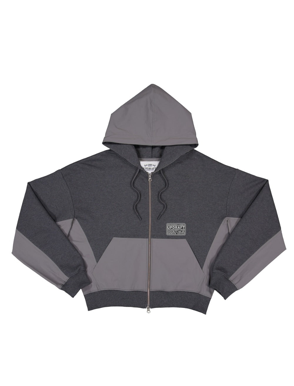 NYLON MIXED COTTON HOOD ZIP-UP -GRAY