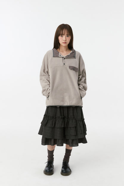 FLORAL CONTRAST FLEECE PULLOVER, GRAY