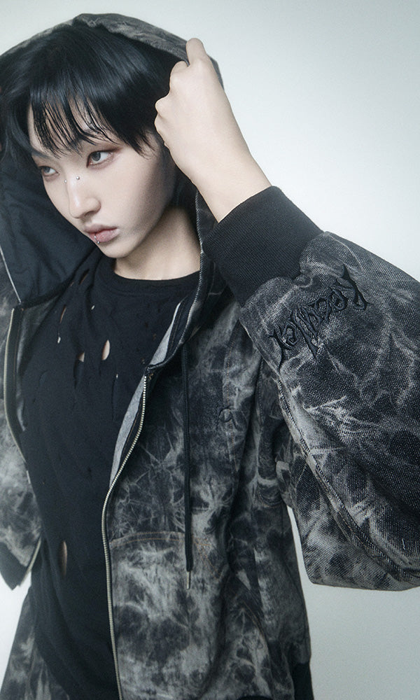 Reculer Pipe dyed denim crop hoodie zip-up(ブラック) 商品画像3/6