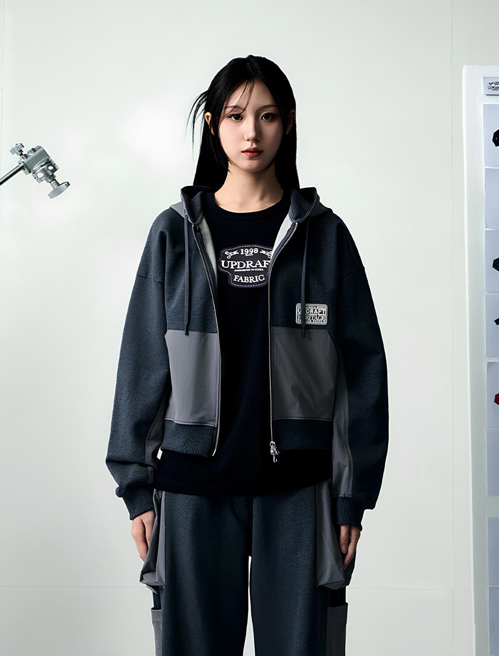 NYLON MIXED COTTON HOOD ZIP-UP -GRAY