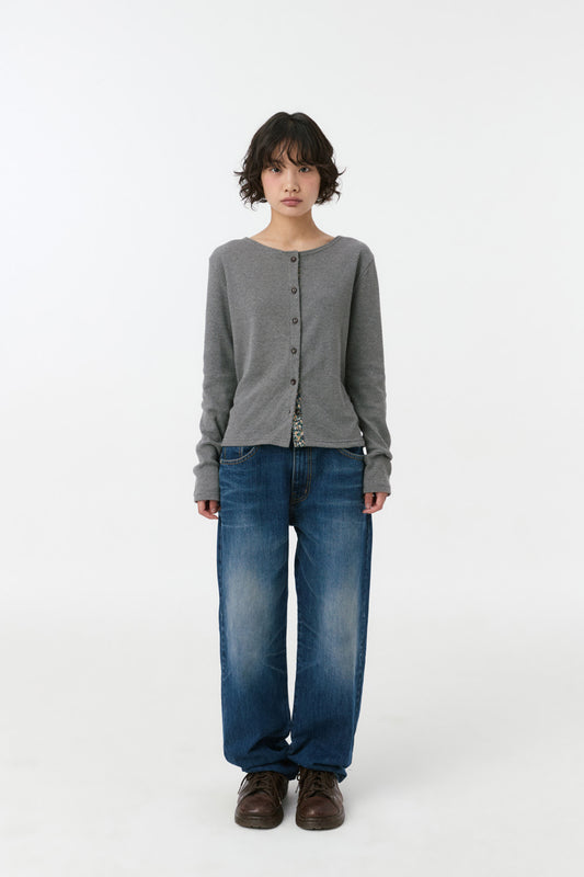 FLORAL COLOR BLOCK JERSEY CARDIGAN, GRAY