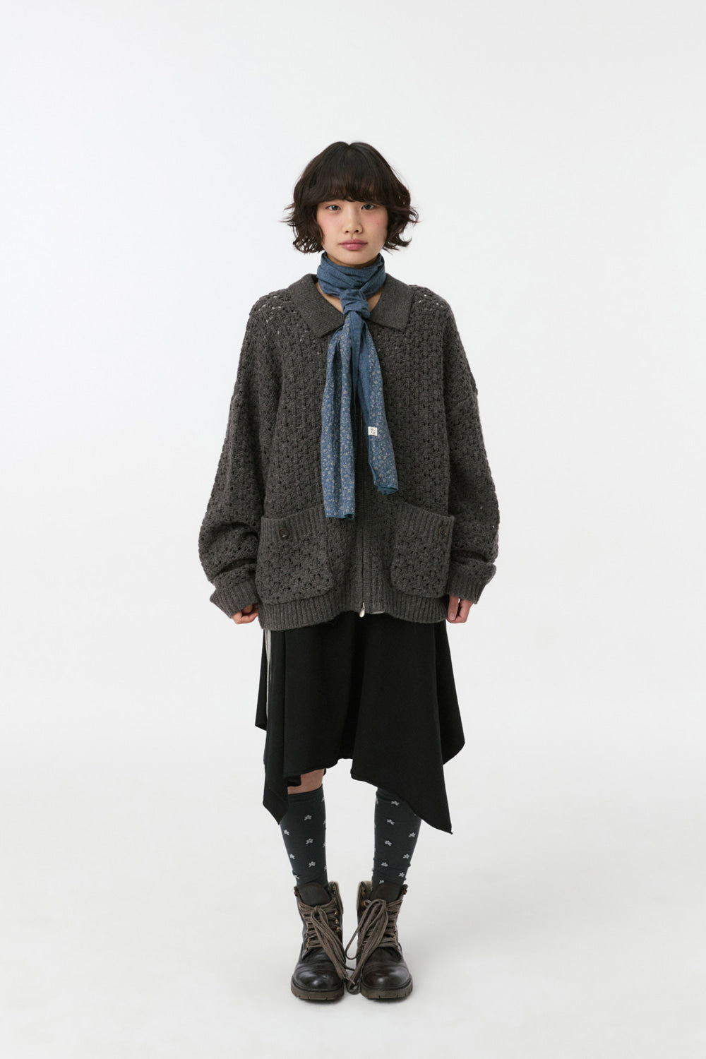 CROCHET KNIT ZIP-UP, CHARCOAL