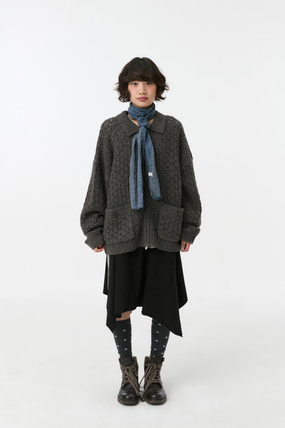 CROCHET KNIT ZIP-UP, CHARCOAL