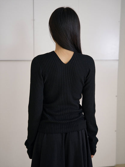 Double V-neck Rib Pullover - Black 8