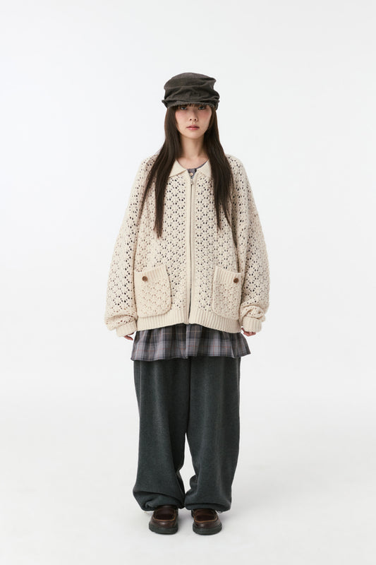 CROCHET KNIT ZIP-UP, CREAM