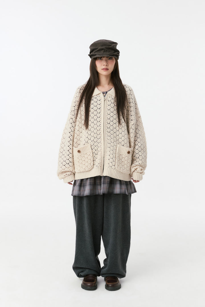 CROCHET KNIT ZIP-UP, CREAM