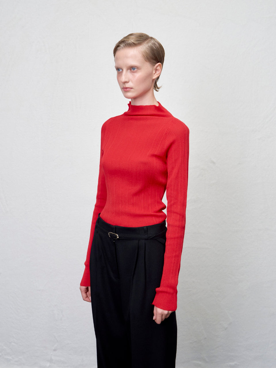 【ARIK. アリク AW】MINCHIR lettuce edge high neck knit top Red