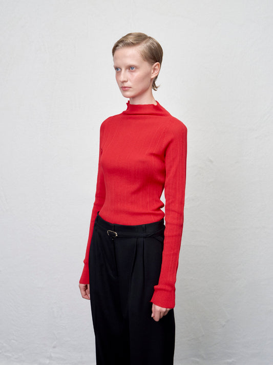 【ARIK. アリク AW】MINCHIR lettuce edge high neck knit top Red