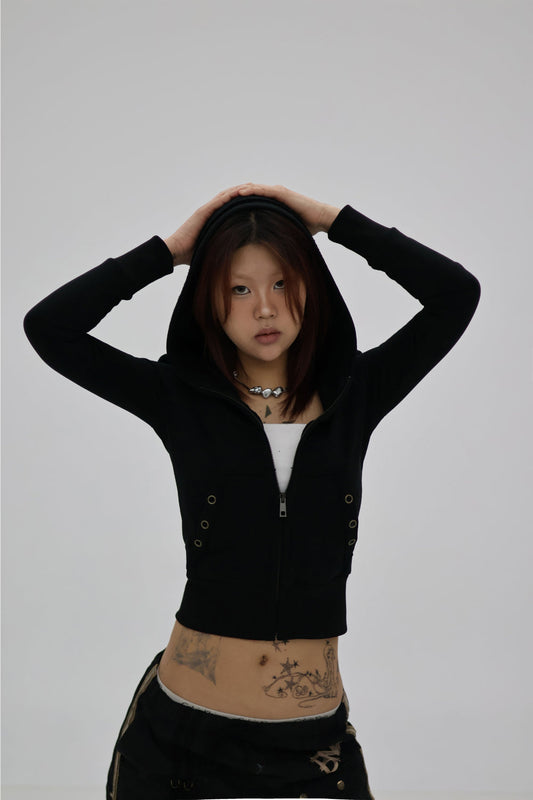 VINTAGE EYELET HOODED ZIP-UP -BLACK