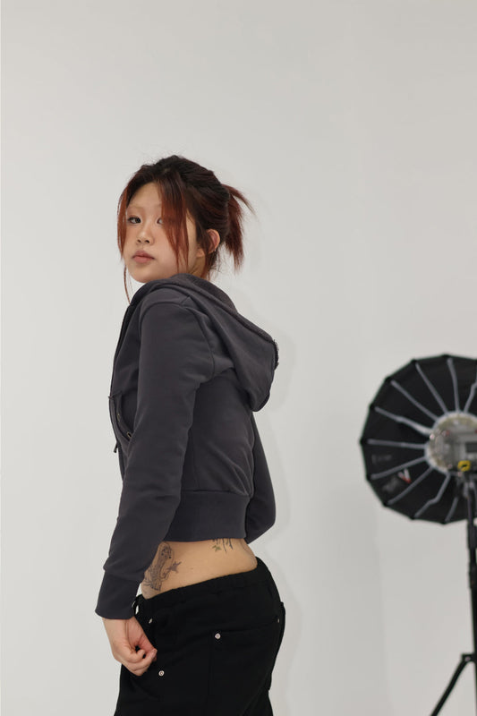 VINTAGE EYELET HOODED ZIP-UP -CHARCOAL
