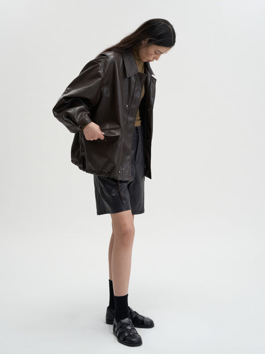 [MAGJAY]Soft Faux-Leather Blouson Jacket-BROWN