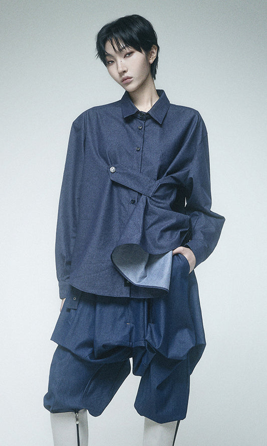 【Reculer レキュリー】Draping Basic long shirts Like denim Deep Blue