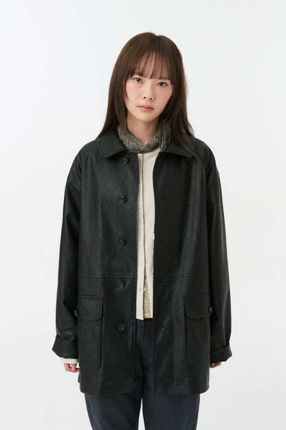 SIGNATURE LABEL VEGAN LEATHER JACKET, BLACK