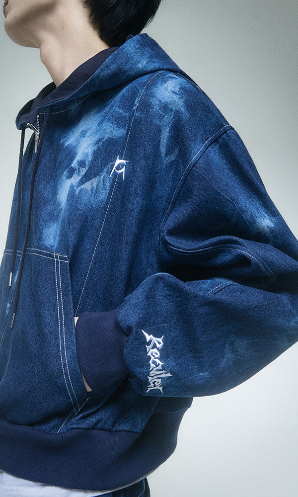 Reculer Pipe dyed denim crop hoodie zip-up(ブルー) 商品画像3/5
