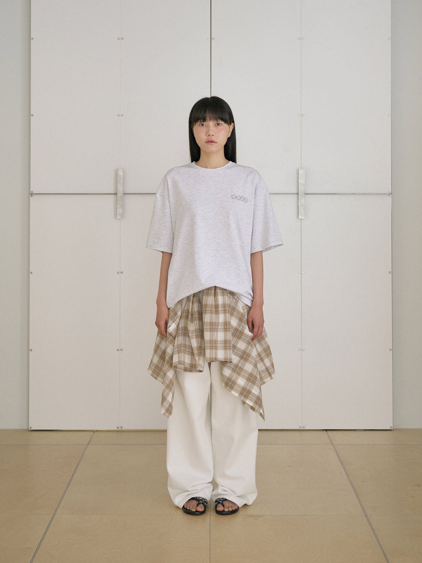 Flower Printing Short Sleeve - Light Gray
