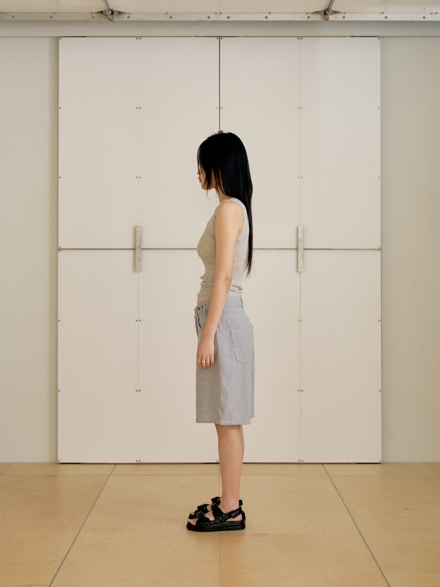 Linen Check Half Pants - Gray