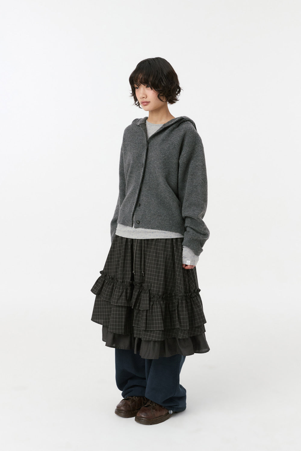 CROPPED HOODED HIGH NECK CARDIGAN, CHARCOAL