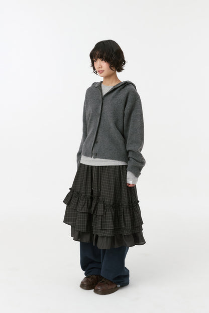 CROPPED HOODED HIGH NECK CARDIGAN, CHARCOAL