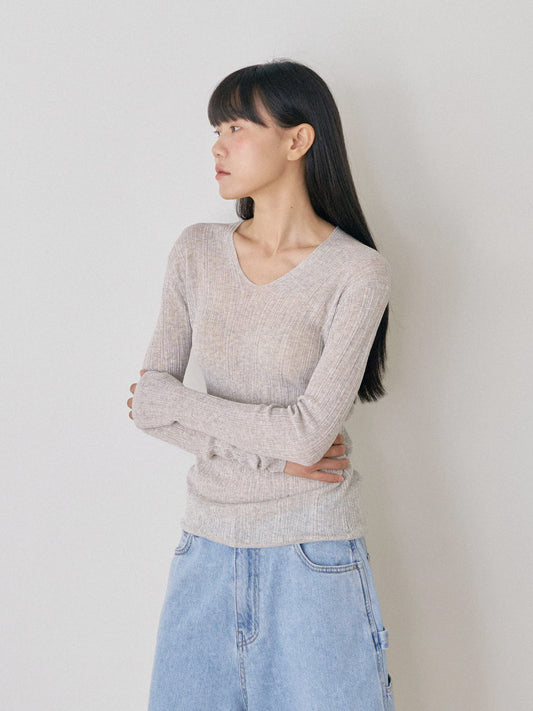 Multi Rib V-neck Pullover - Gray