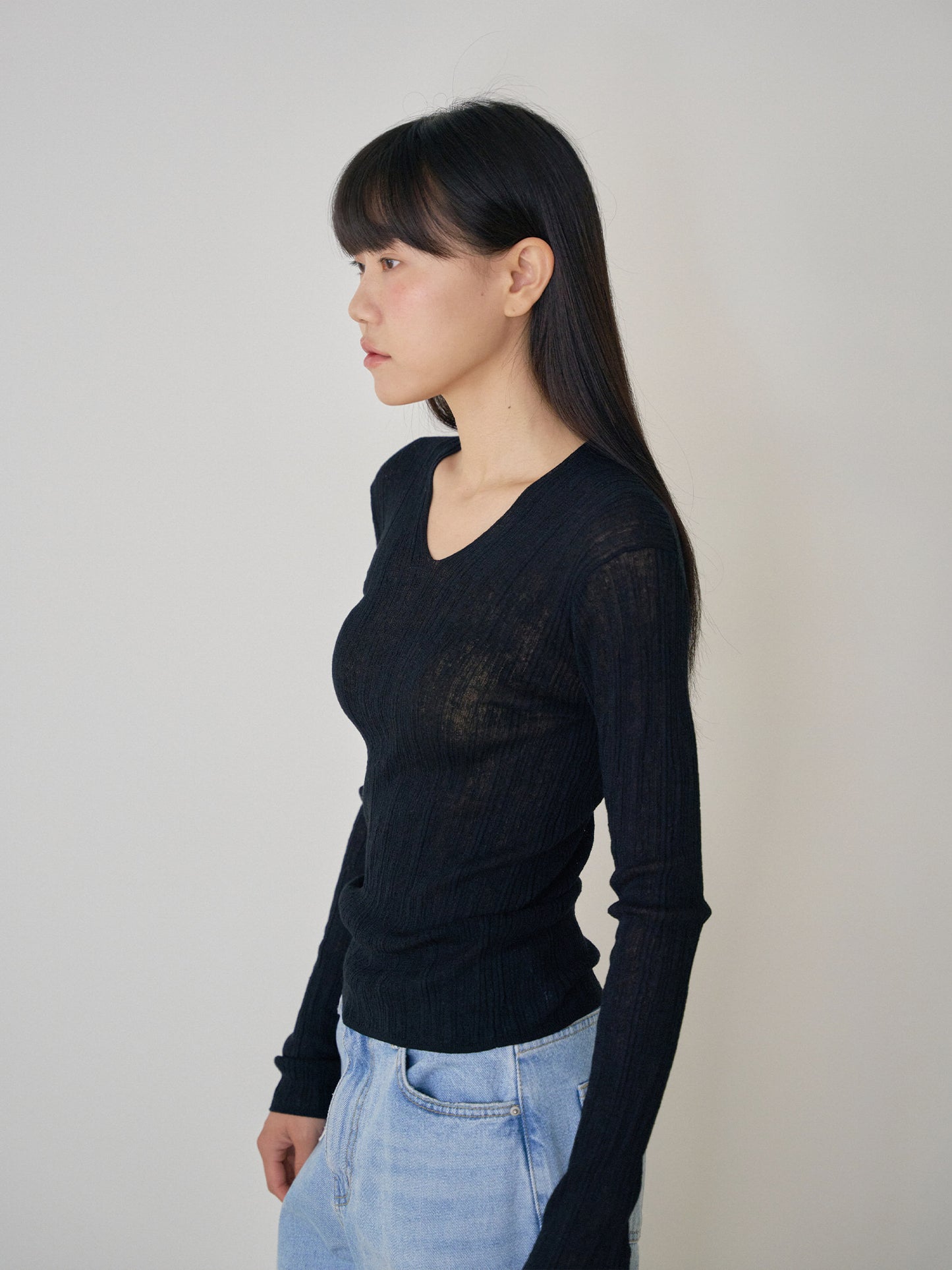 Multi Rib V-neck Pullover - Black