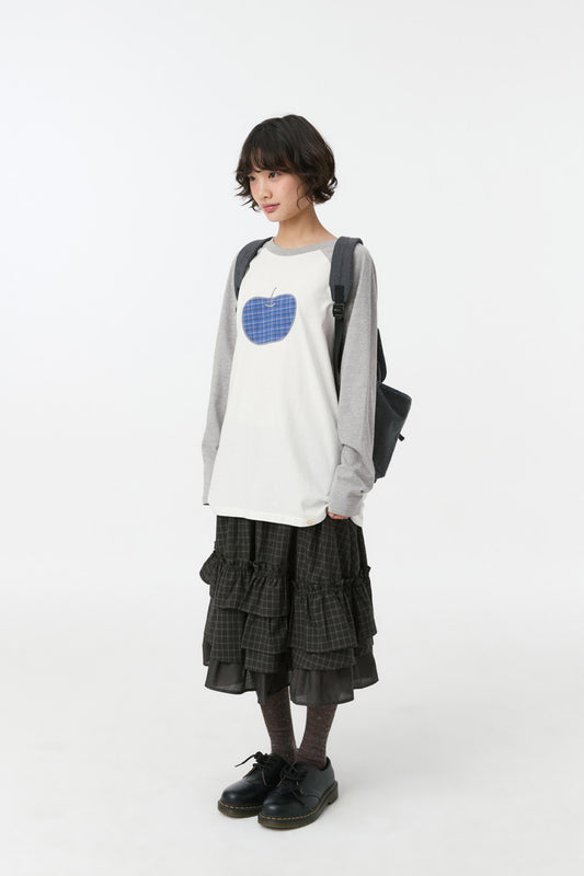 CHECK FRILL MIDI SKIRT, BROWN