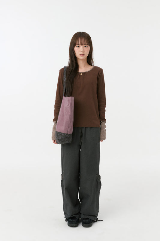 SHIRRING COLOR BLOCK LONG SLEEVE, BROWN