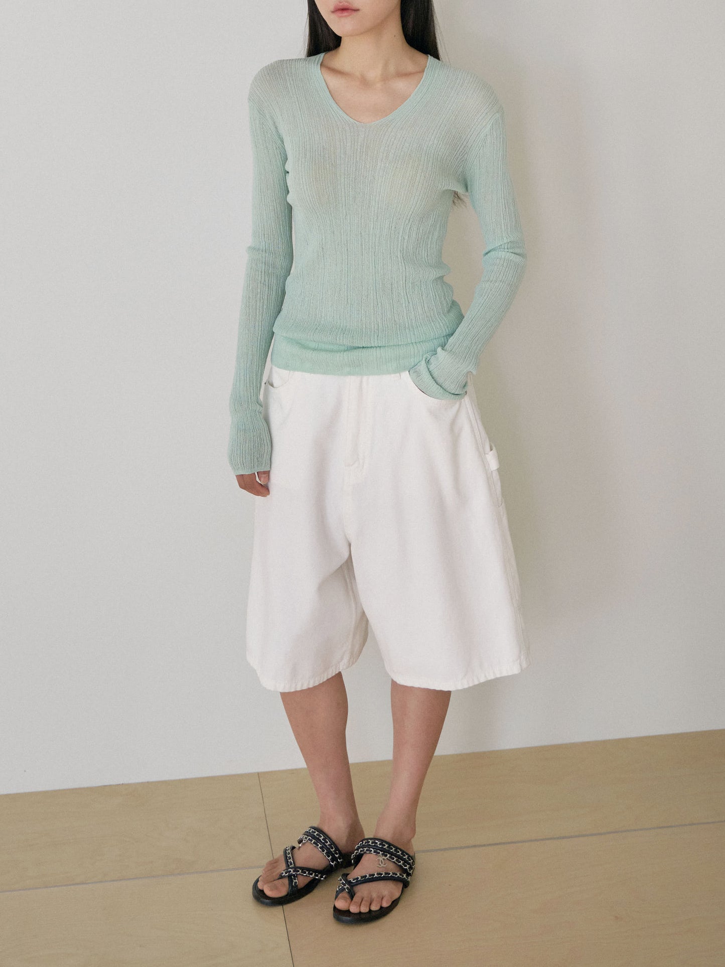 Multi Rib V-neck Pullover - Mint