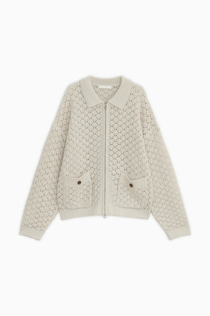CROCHET KNIT ZIP-UP, CREAM