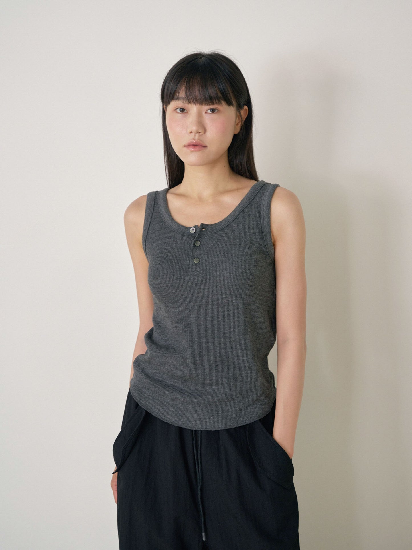 Waffle Button Sleeveless - Charcoal