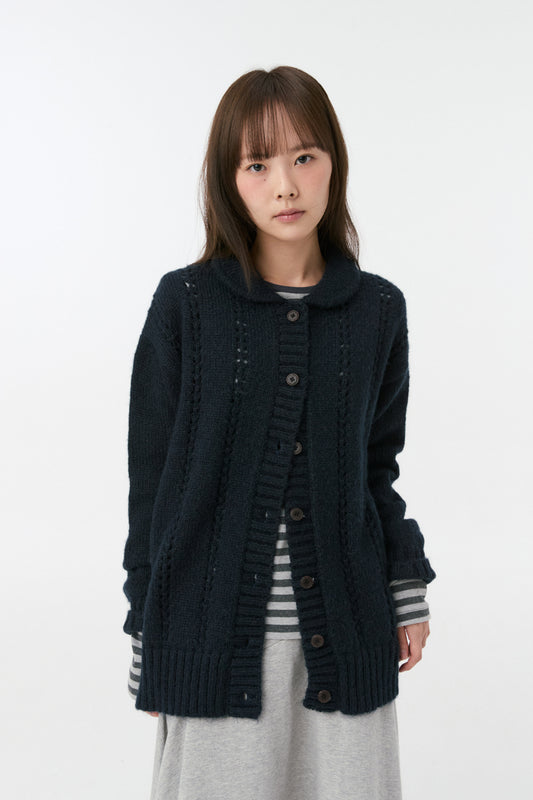 PUNCHING ROUND COLLAR CARDIGAN, NAVY