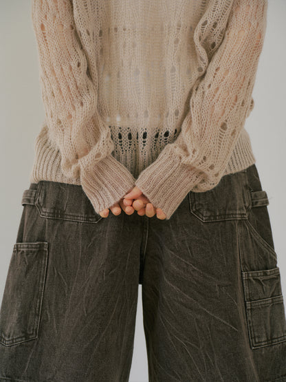 Mohair Punching Pullover-Ivory