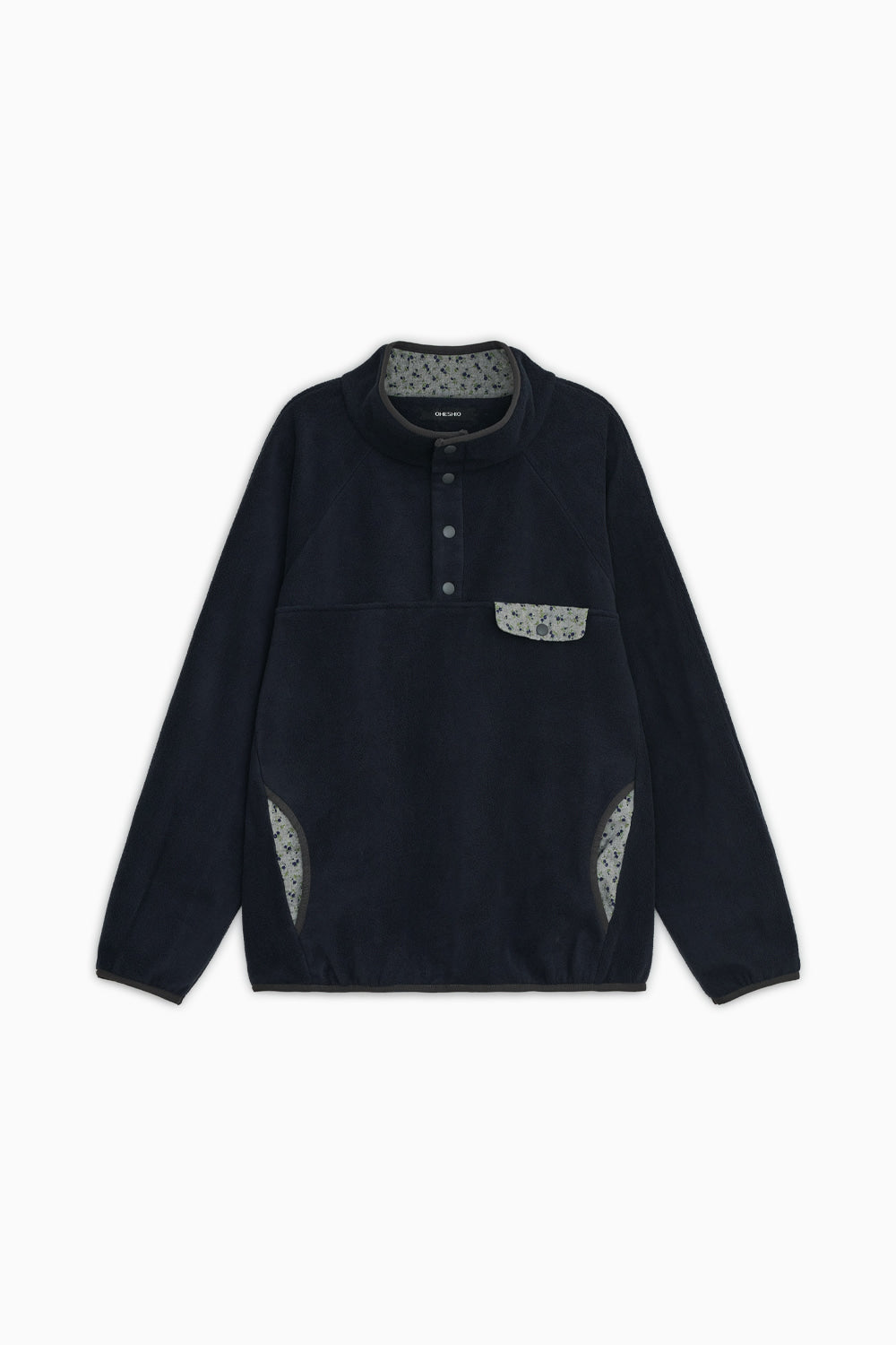 FLORAL CONTRAST FLEECE PULLOVER, NAVY