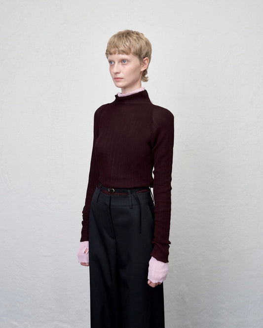 【ARIK. アリク AW】MINCHIR lettuce edge high neck knit top Burgundy Brown