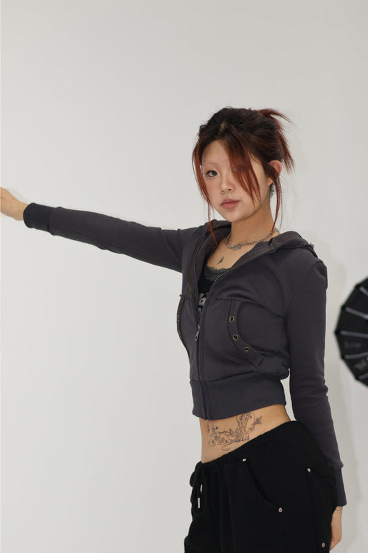 VINTAGE EYELET HOODED ZIP-UP -CHARCOAL