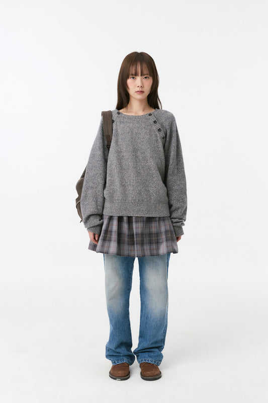 BUTTON DETAIL RAGLAN KNIT, GRAY