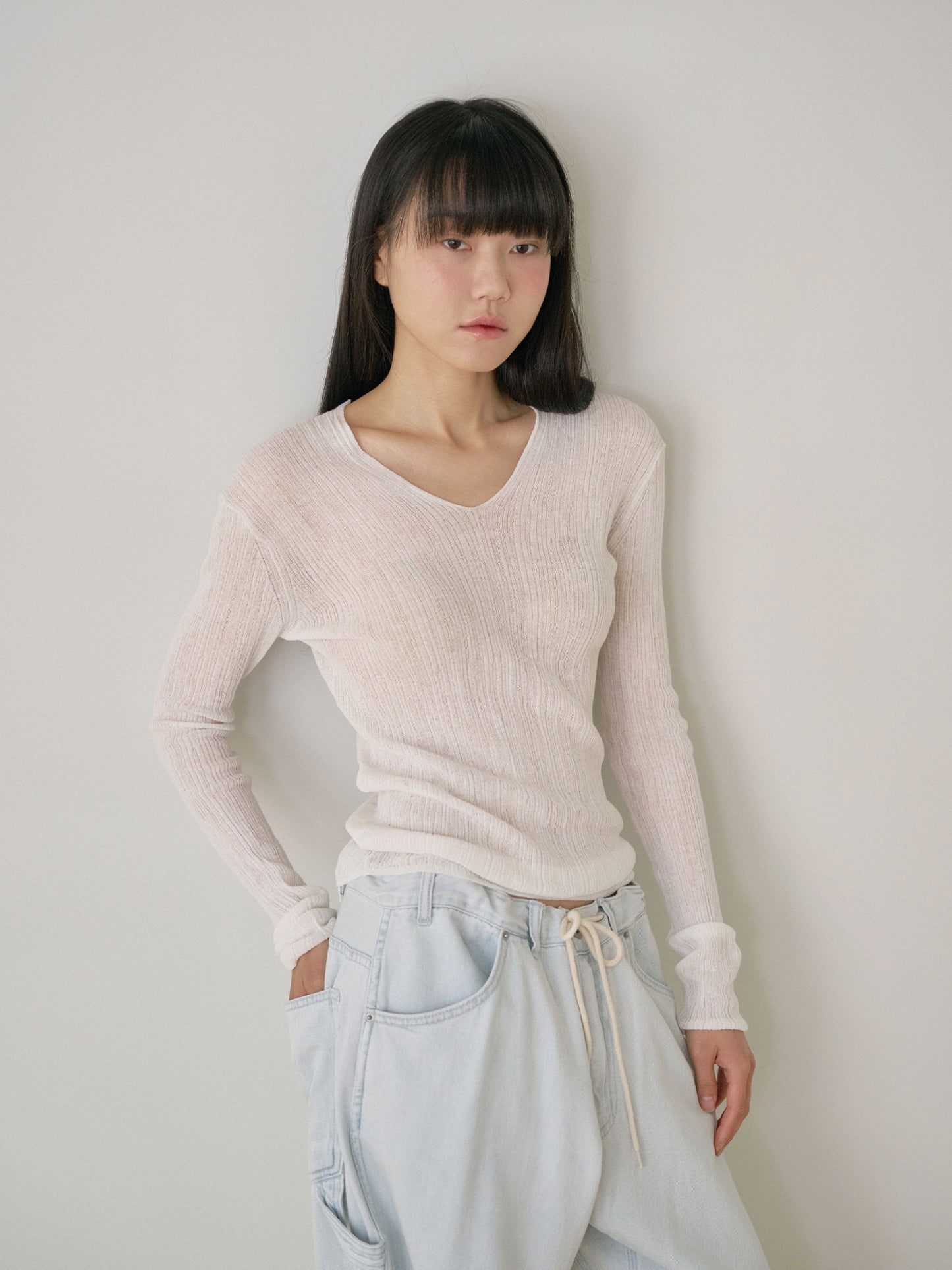 Multi Rib V-neck Pullover - Ivory