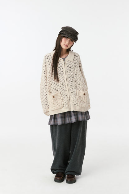 CROCHET KNIT ZIP-UP, CREAM