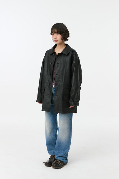 SIGNATURE LABEL VEGAN LEATHER JACKET, BLACK