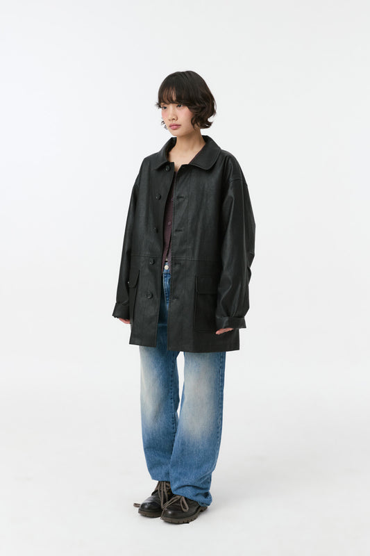 SIGNATURE LABEL VEGAN LEATHER JACKET, BLACK